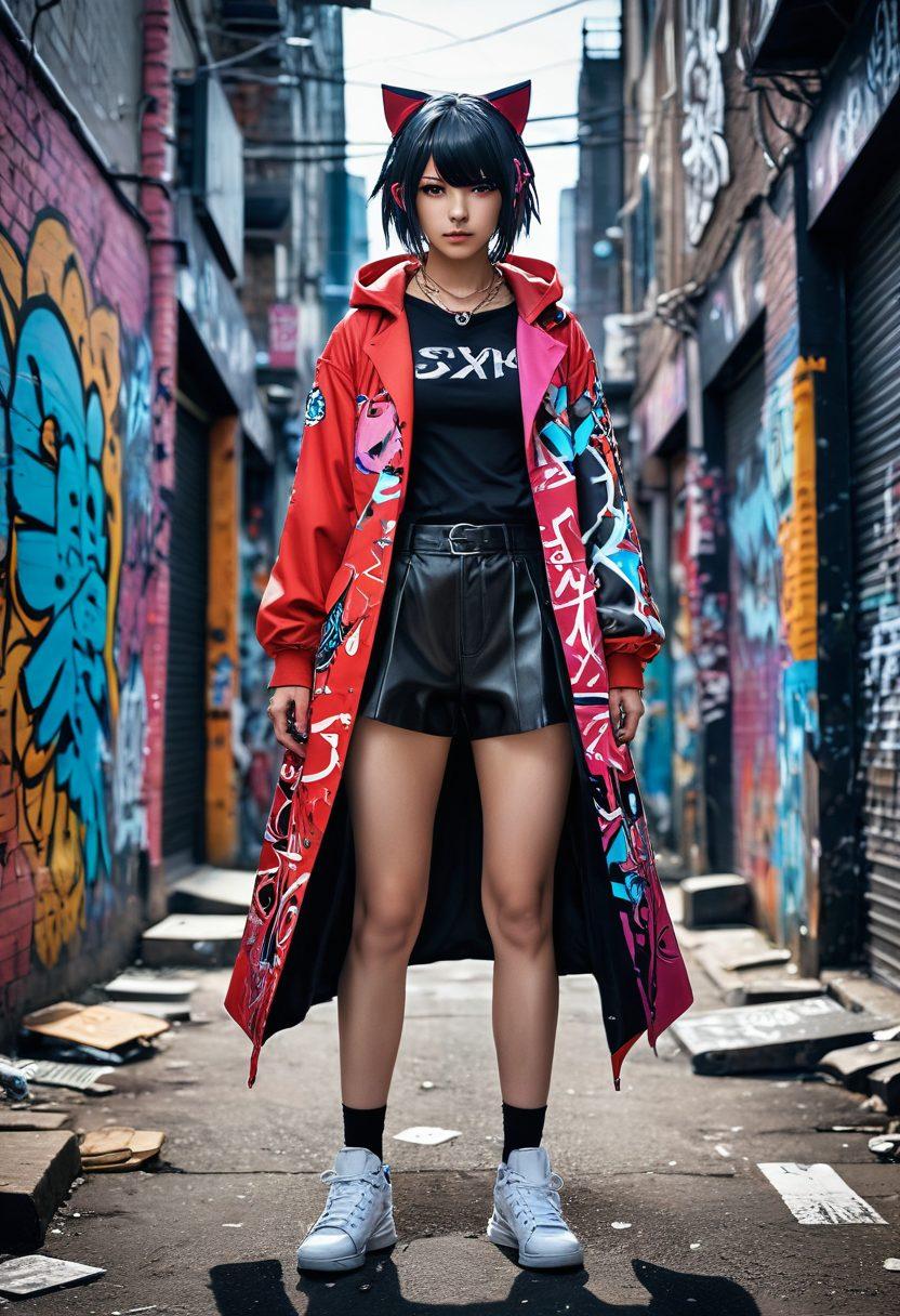 A striking scene depicting a vibrant anime character in an anarchic setting, surrounded by graffiti and chaotic symbols that represent rebellion. The character's expression reflects defiance and empowerment, with elements of fetish culture subtly integrated into their attire. The background is filled with bold colors and abstract shapes, igniting a sense of creativity and freedom. The overall tone conveys the fusion of hentai and anarchy. vibrant colors. illustrated style. 3D effect.