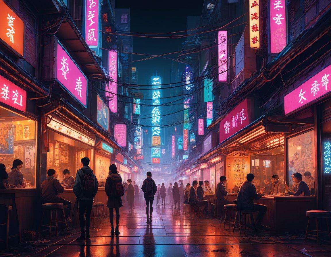 An artistic representation of a diverse crowd engaged in animated discussions about adult themes in a vibrant, dimly lit Japanese-inspired setting. Incorporate elements of anime characters in unique poses, surrounded by colorful posters and playful decor that hints at the hentai subculture. Infuse the image with a sense of curiosity and exploration, capturing the allure and complexity of the themes discussed. The background should blend neon colors and intricate patterns to evoke a sense of excitement. cyberpunk. vibrant colors. detailed illustration.