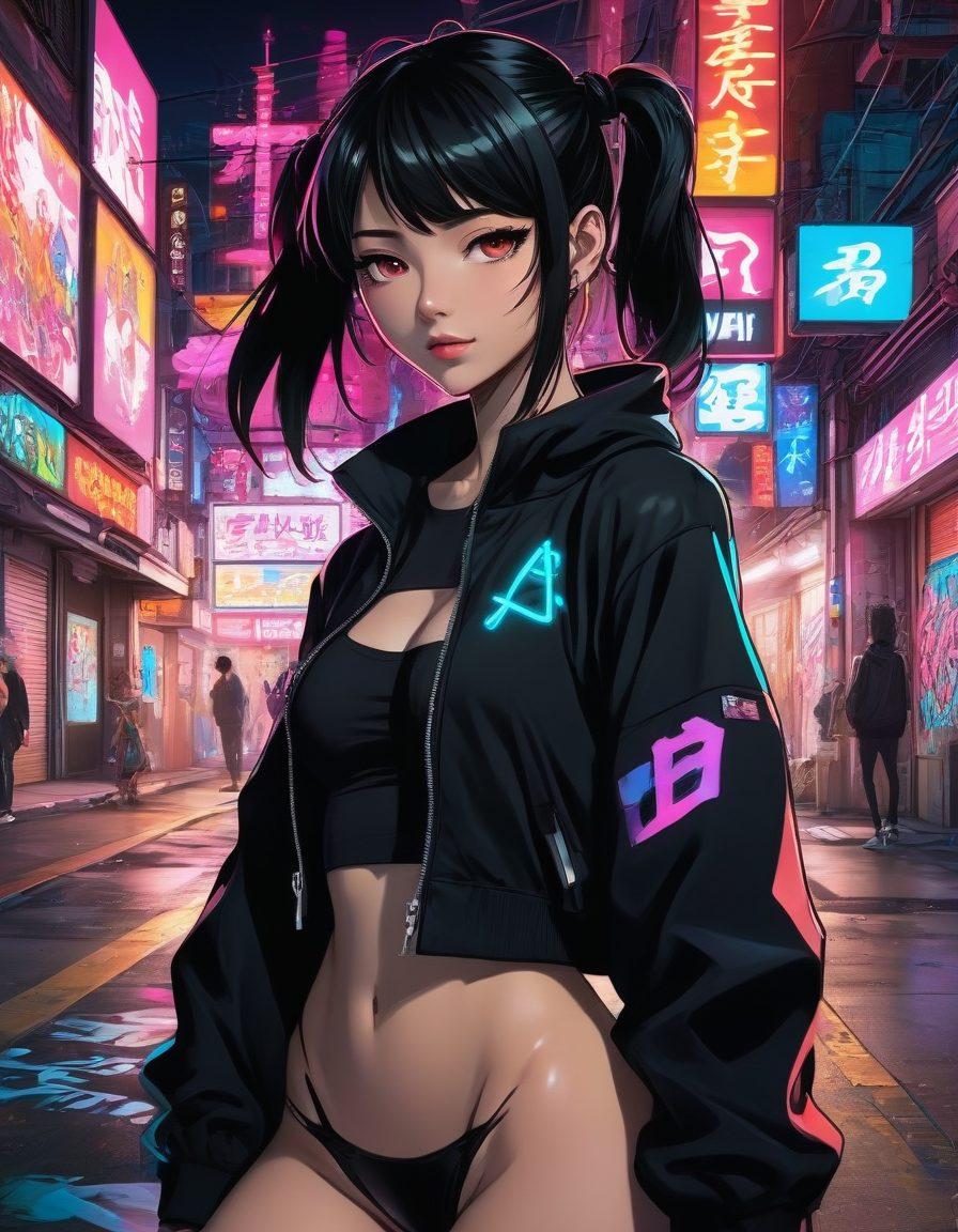 A vivid underground scene showcasing a group of diverse characters deeply engrossed in reading hentai manga, surrounded by graffiti art and neon lights. The atmosphere is rebellious and vibrant, with animated elements of anarchy symbols blending into the background. The characters should express a mix of emotions, from curiosity to excitement, reflecting the subversive nature of the culture. Inclusion of manga panels floating in the air adds a dynamic feel. cyberpunk style. vibrant colors.